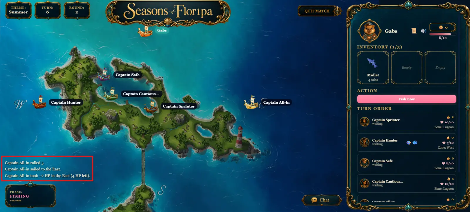 Event broadcast feed in the bottom-left of a match, above the fishing phase panel