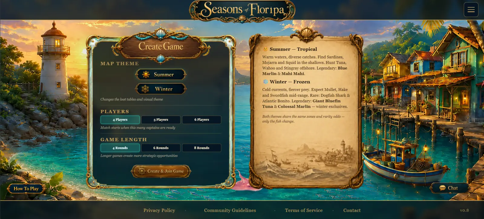 Create Game panel with 4, 5, and 6 Players buttons beside map theme and game length