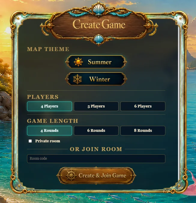 Create Game panel with Private room checkbox and Room code field under Or Join Room