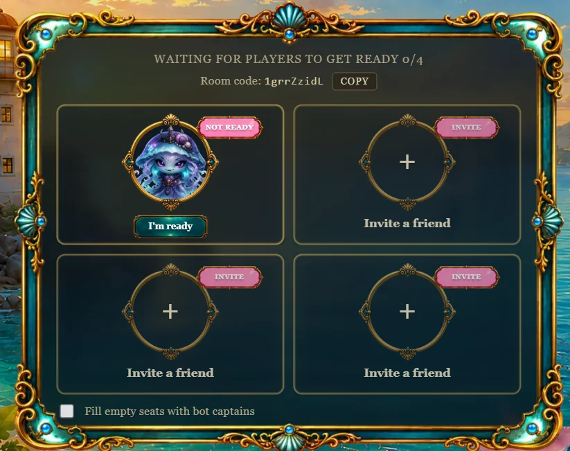 Waiting lobby with Room code copy, Invite badges on empty seats, and Fill empty seats with bot captains